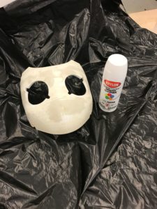 Drossel mask before painting, area prepped with garbage bag