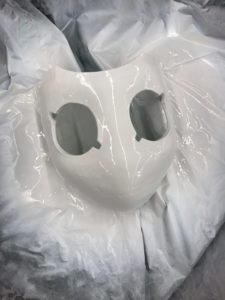 Drossel mask after painting with the dual paint/primer, decently shiny, very white