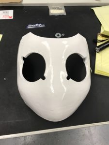 Drossel mask after clear coating, very shiny, very white