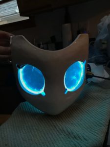 Drossel mask with completed LEDs lit up blue